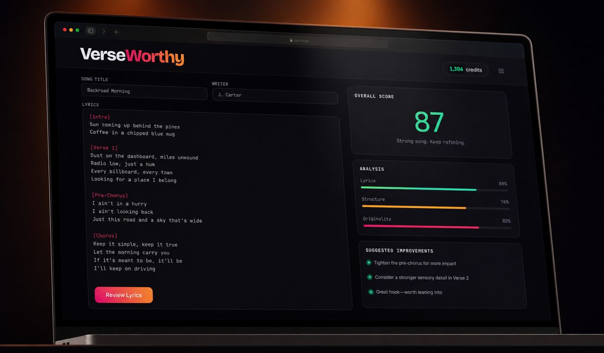 VerseWorthy reviewing a lyric: an overall score, bars for AI-slop risk, cliché risk and concreteness, and a list of suggested improvements.